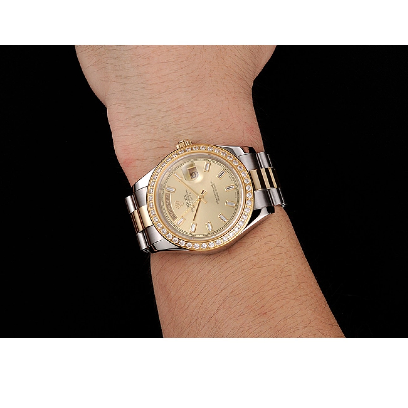 Aaa fake watches Two Tone 1454103 Day-Date Diamond Dial Bracelet Swiss Bezel Rolex Champagne 0712